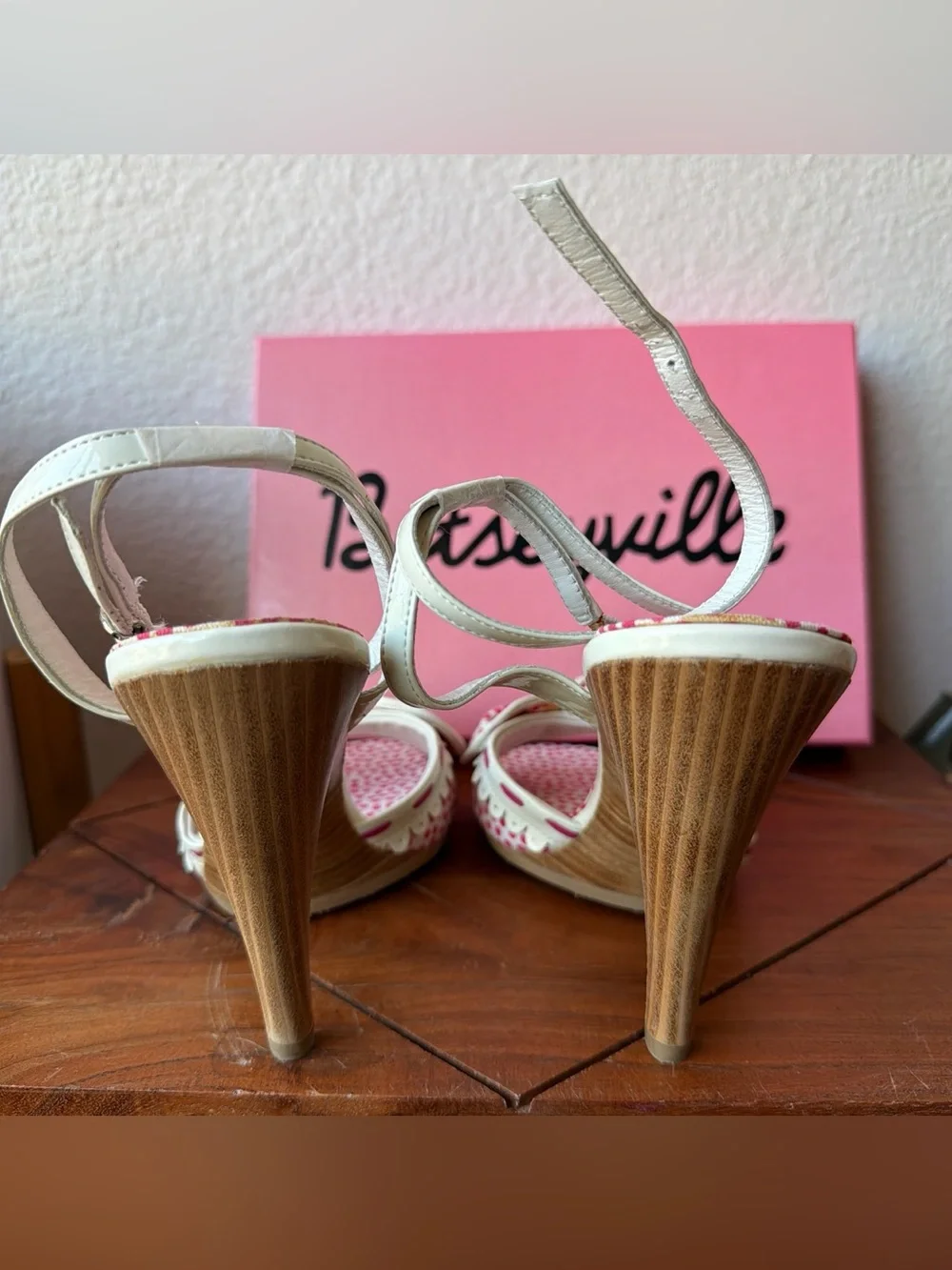 Betsey Johnson White & Pink Polka Dot Bow Peep-Toe Heels